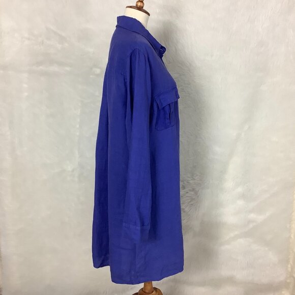 Haris Cotton Blue Long Sleeve Button Front 100% Linen Roll Tab Sleeve Dress L - Picture 5 of 8